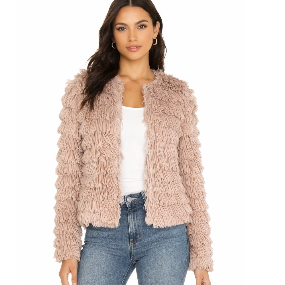 Amoli Faux Fur Fringe Open Front Jacket Pink Size M